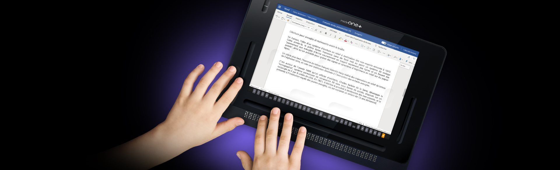 The image shows a child's hands resting on the insideONE+ tablet.