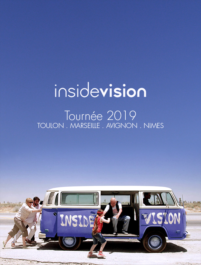 Photo représentant le logo insidevision avec un van insidevision se préparant à faire la tournée 2019 à Toulon, Marseille, Avignon, et Nimes